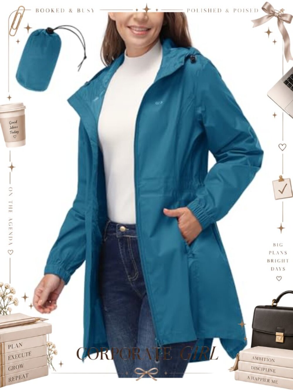 Waterproof Long Rain Coat Packable Hooded Windbreaker Lightweight